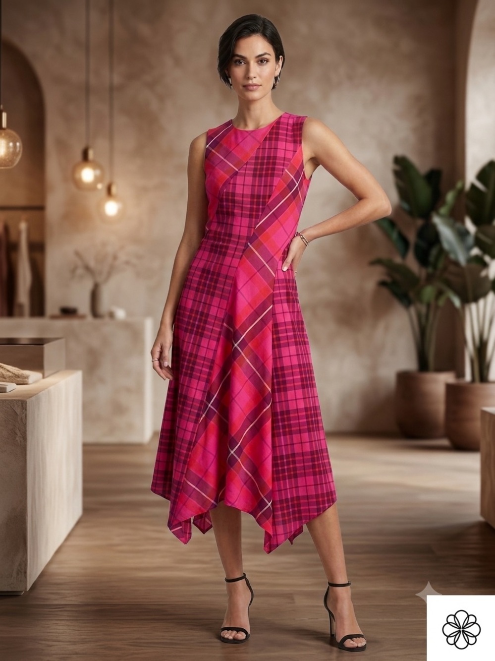 Trina Turk Sleeveless Pink Plaid Handkerchief-Hem Dress new with tags